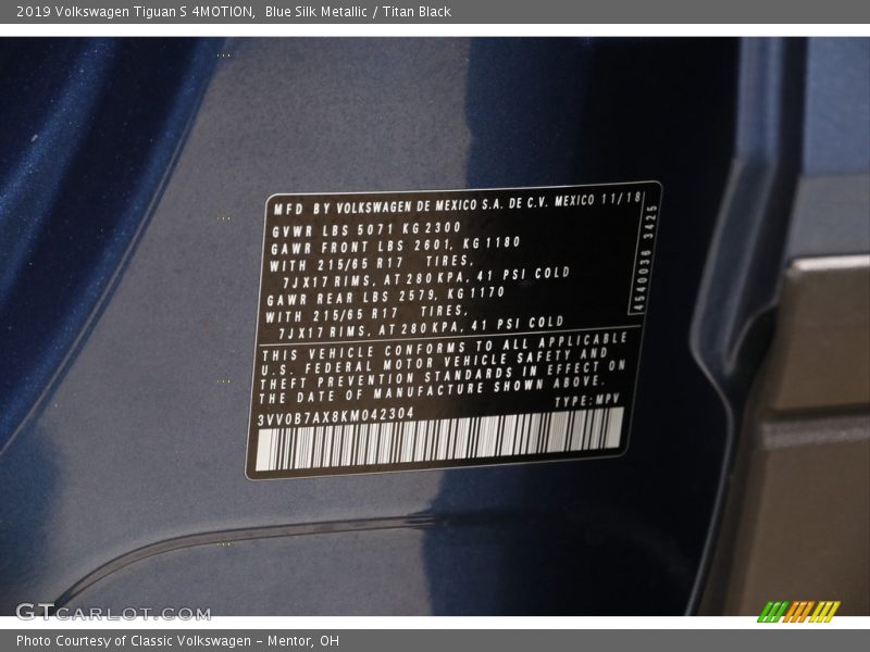 Blue Silk Metallic / Titan Black 2019 Volkswagen Tiguan S 4MOTION