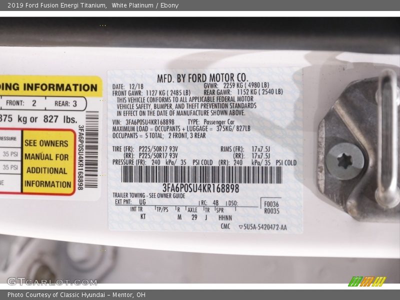 White Platinum / Ebony 2019 Ford Fusion Energi Titanium