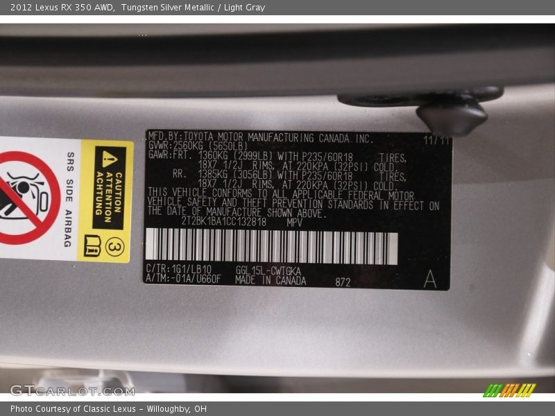 Tungsten Silver Metallic / Light Gray 2012 Lexus RX 350 AWD