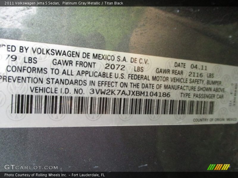 Platinum Gray Metallic / Titan Black 2011 Volkswagen Jetta S Sedan