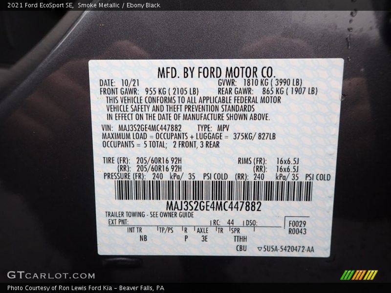 Smoke Metallic / Ebony Black 2021 Ford EcoSport SE