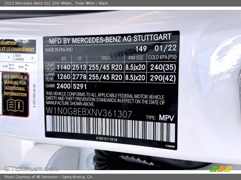 2022 GLC 300 4Matic Polar White Color Code 149
