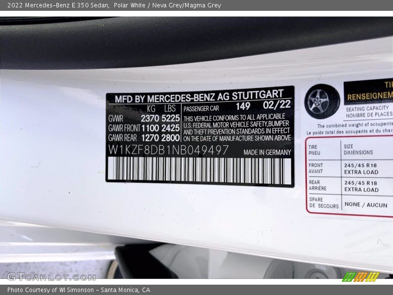 2022 E 350 Sedan Polar White Color Code 149