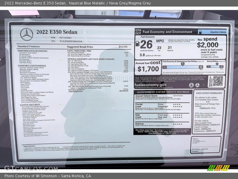  2022 E 350 Sedan Window Sticker