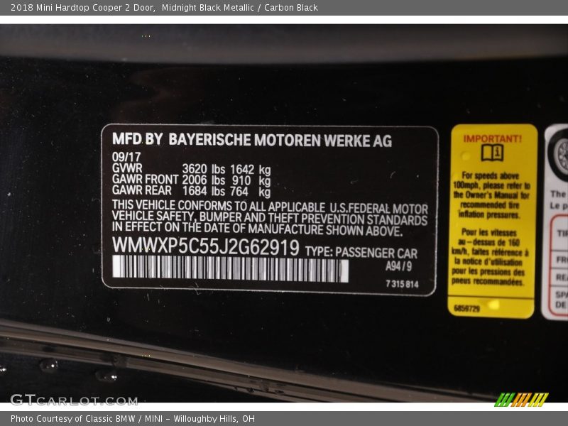 Midnight Black Metallic / Carbon Black 2018 Mini Hardtop Cooper 2 Door