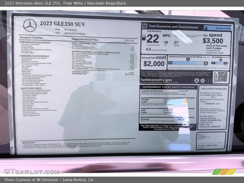  2022 GLE 350 Window Sticker