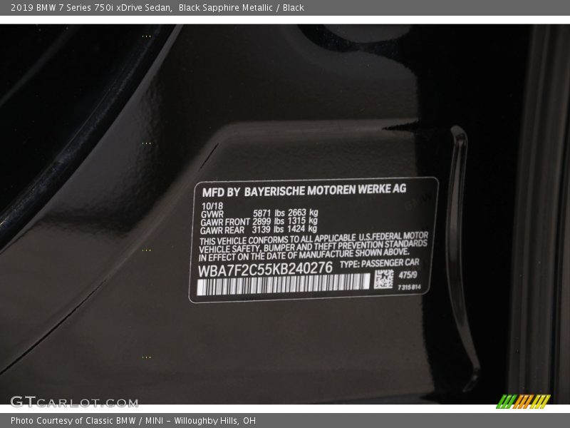 Black Sapphire Metallic / Black 2019 BMW 7 Series 750i xDrive Sedan