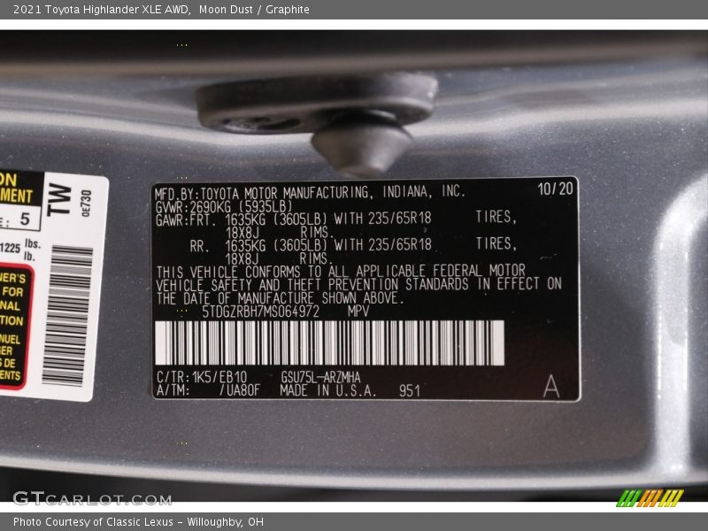 2021 Highlander XLE AWD Moon Dust Color Code 1K5