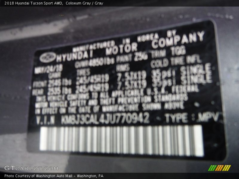 Coliseum Gray / Gray 2018 Hyundai Tucson Sport AWD