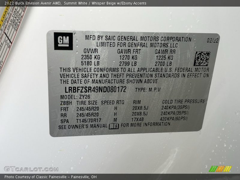 Summit White / Whisper Beige w/Ebony Accents 2022 Buick Envision Avenir AWD