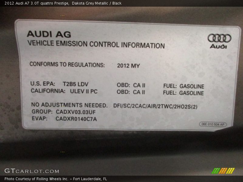 Dakota Grey Metallic / Black 2012 Audi A7 3.0T quattro Prestige