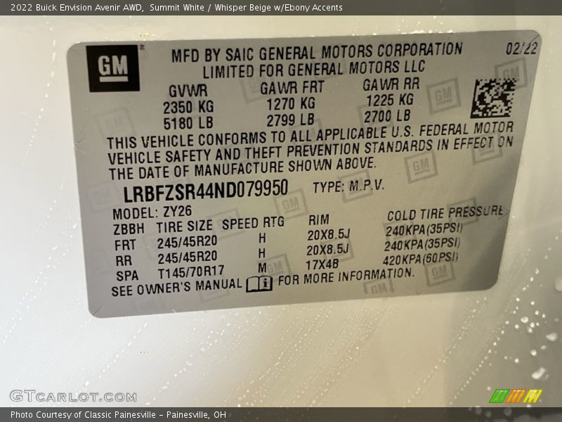 Summit White / Whisper Beige w/Ebony Accents 2022 Buick Envision Avenir AWD