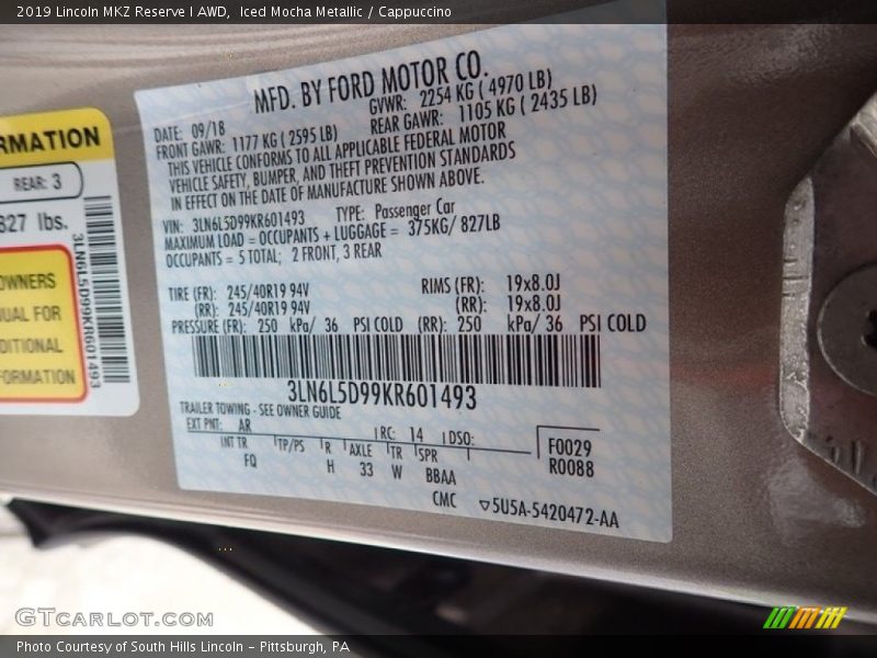 2019 MKZ Reserve I AWD Iced Mocha Metallic Color Code AR