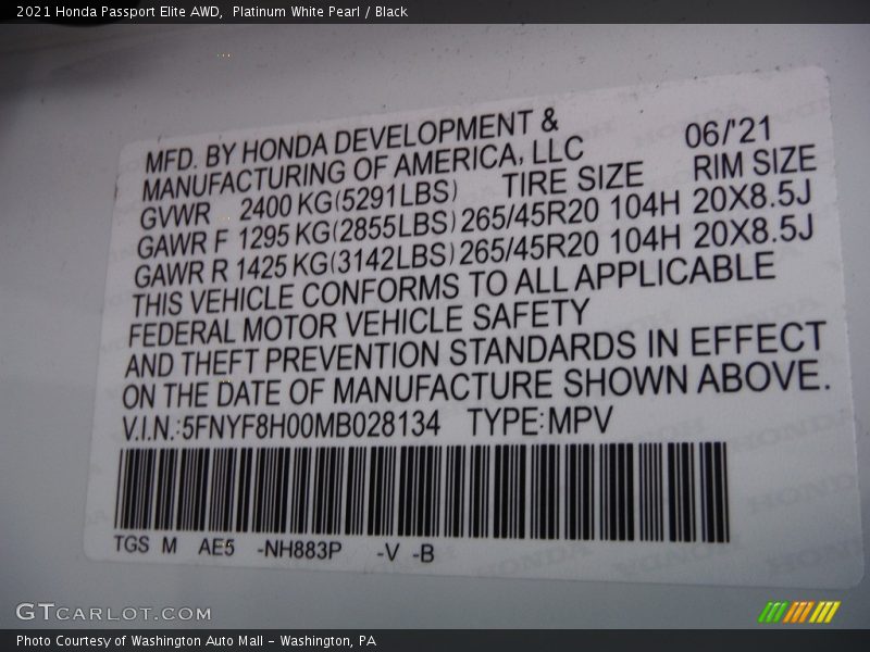 Platinum White Pearl / Black 2021 Honda Passport Elite AWD