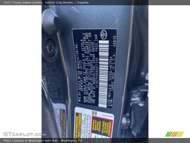2022 Avalon Limited Harbor Gray Metallic Color Code 1K4