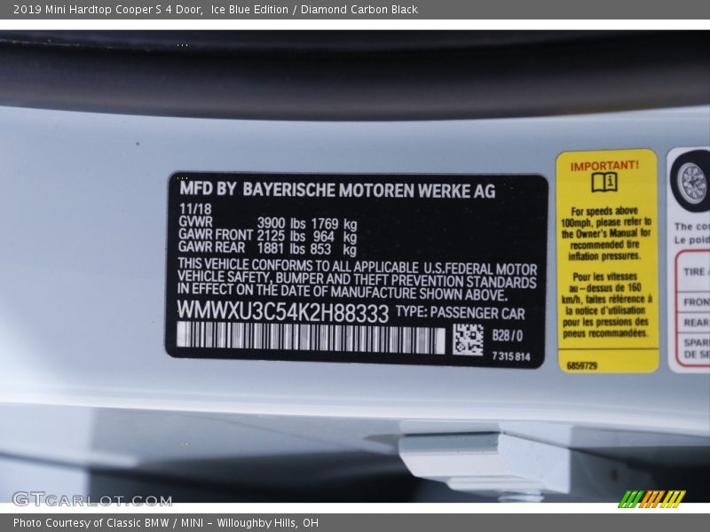 2019 Hardtop Cooper S 4 Door Ice Blue Edition Color Code B28