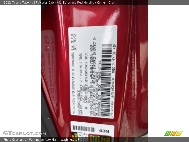 2022 Tacoma SR Access Cab 4x4 Barcelona Red Metallic Color Code 3R3