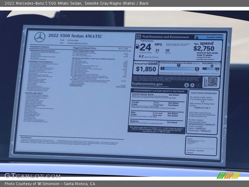  2022 S 500 4Matic Sedan Window Sticker