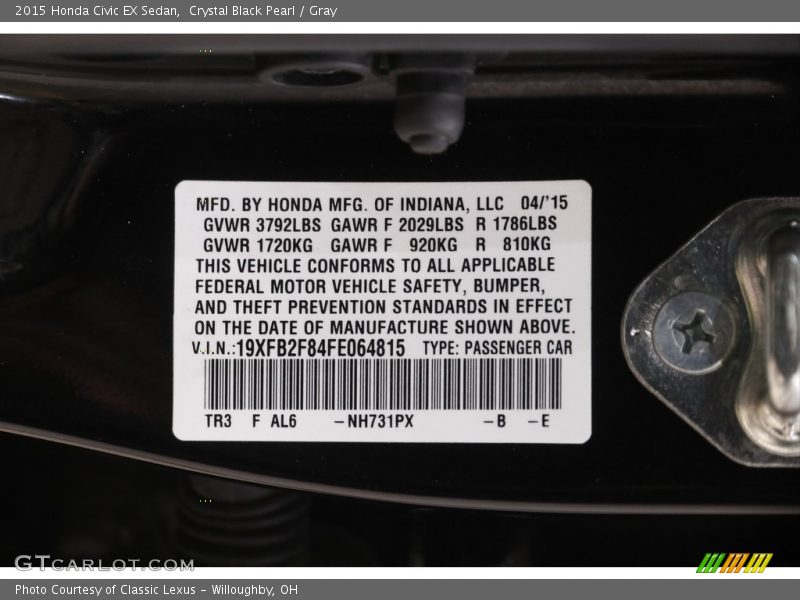 Crystal Black Pearl / Gray 2015 Honda Civic EX Sedan