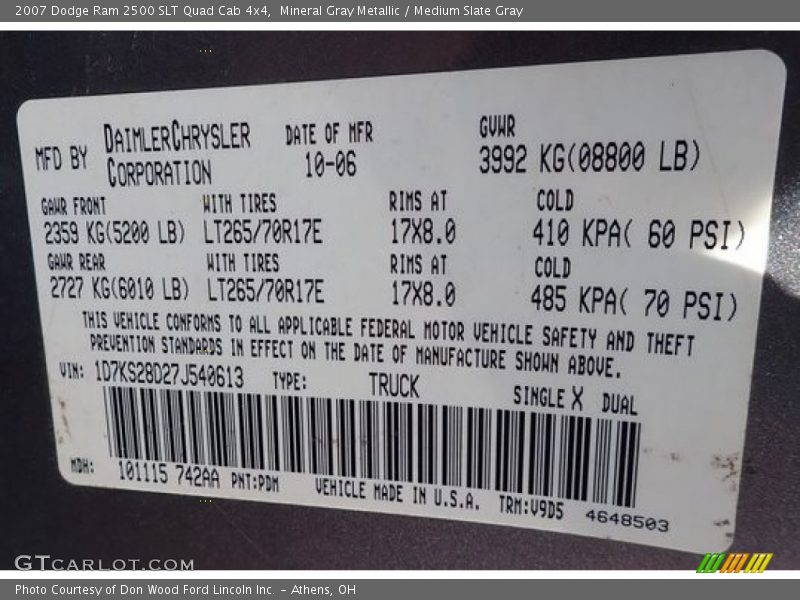 Mineral Gray Metallic / Medium Slate Gray 2007 Dodge Ram 2500 SLT Quad Cab 4x4