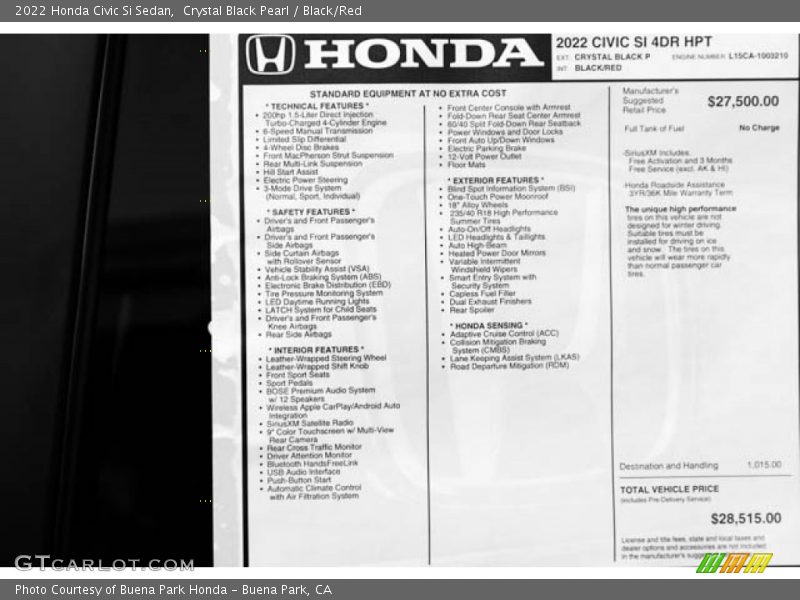 Crystal Black Pearl / Black/Red 2022 Honda Civic Si Sedan