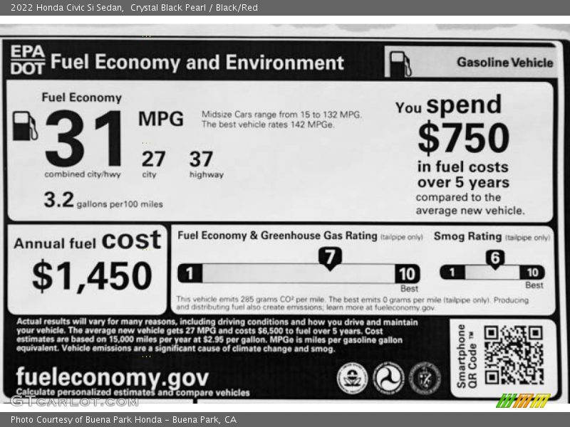 Crystal Black Pearl / Black/Red 2022 Honda Civic Si Sedan