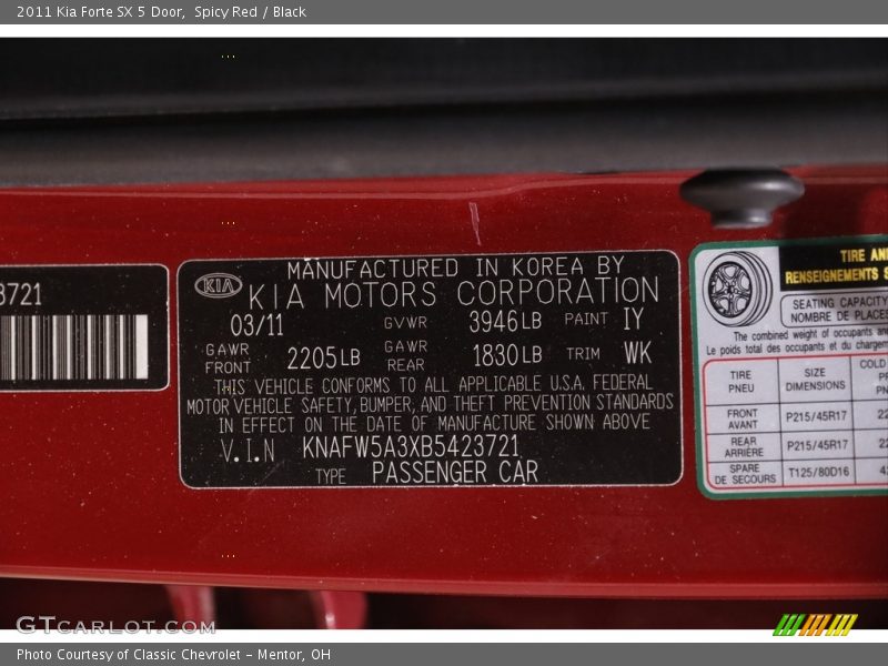 2011 Forte SX 5 Door Spicy Red Color Code IY