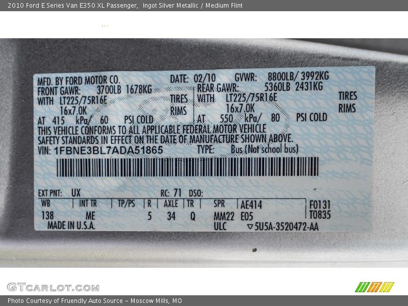 Ingot Silver Metallic / Medium Flint 2010 Ford E Series Van E350 XL Passenger