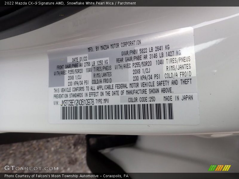 2022 CX-9 Signature AWD Snowflake White Pearl Mica Color Code 25D
