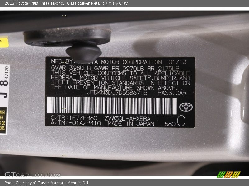 Classic Silver Metallic / Misty Gray 2013 Toyota Prius Three Hybrid
