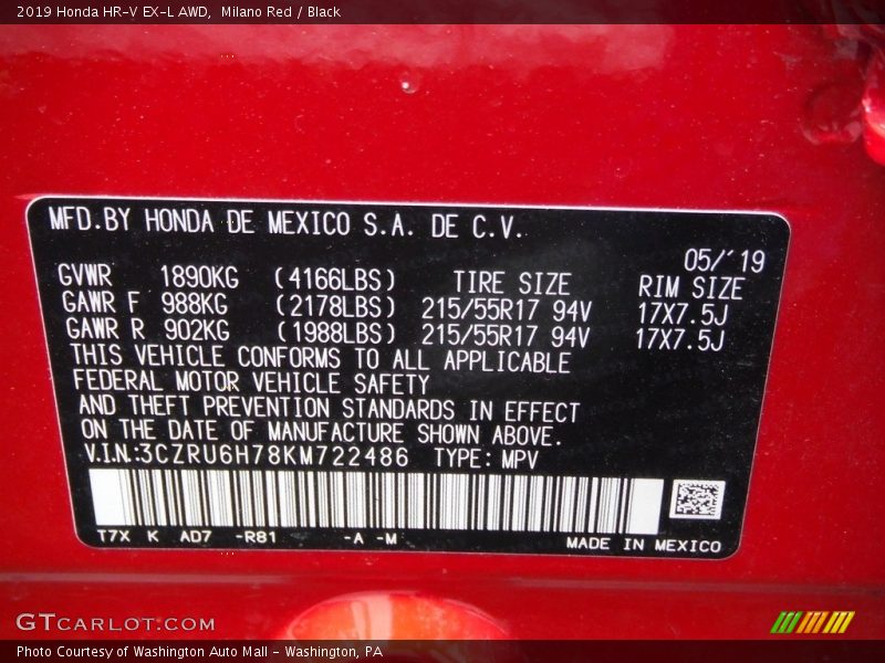 2019 HR-V EX-L AWD Milano Red Color Code R81