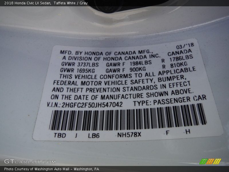 Taffeta White / Gray 2018 Honda Civic LX Sedan