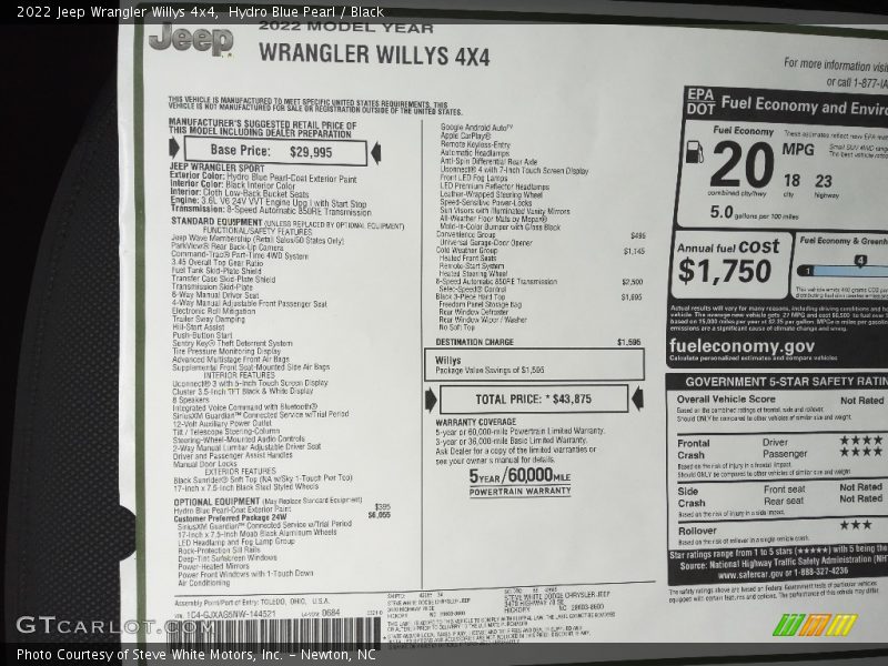  2022 Wrangler Willys 4x4 Window Sticker