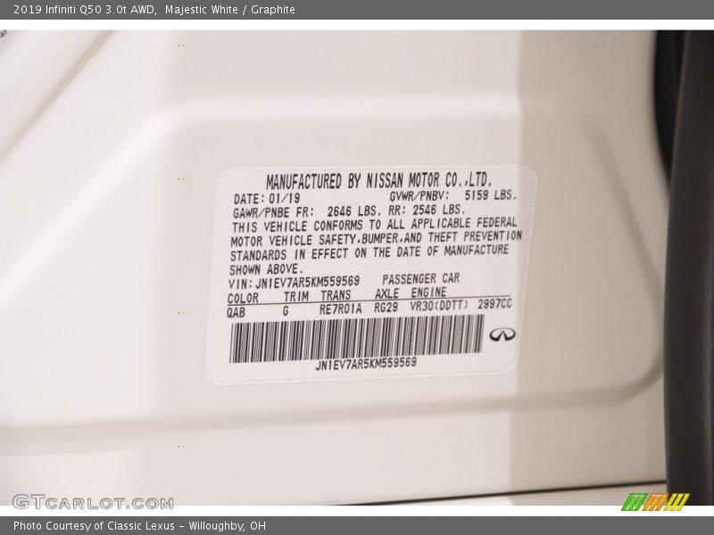 2019 Q50 3.0t AWD Majestic White Color Code QAB