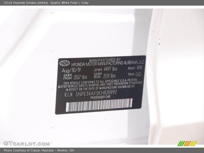 Quartz White Pearl / Gray 2019 Hyundai Sonata Limited