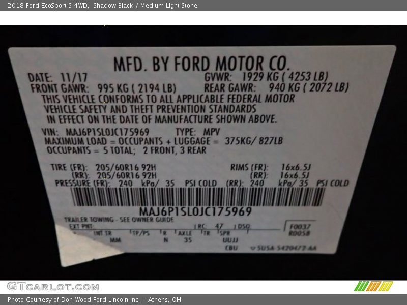 Shadow Black / Medium Light Stone 2018 Ford EcoSport S 4WD