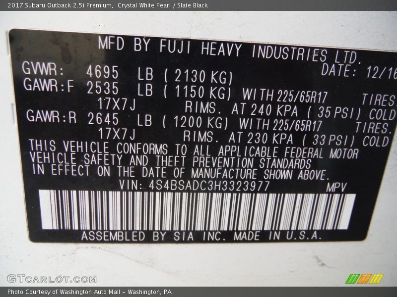 Crystal White Pearl / Slate Black 2017 Subaru Outback 2.5i Premium