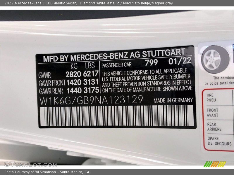 2022 S 580 4Matic Sedan Diamond White Metallic Color Code 799