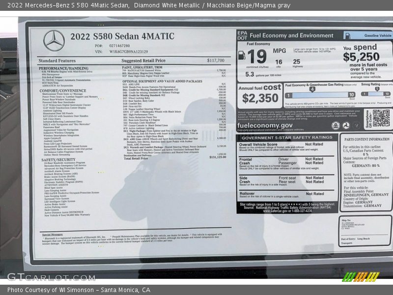  2022 S 580 4Matic Sedan Window Sticker