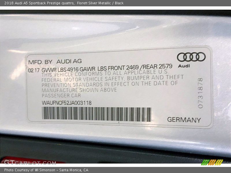 Florett Silver Metallic / Black 2018 Audi A5 Sportback Prestige quattro
