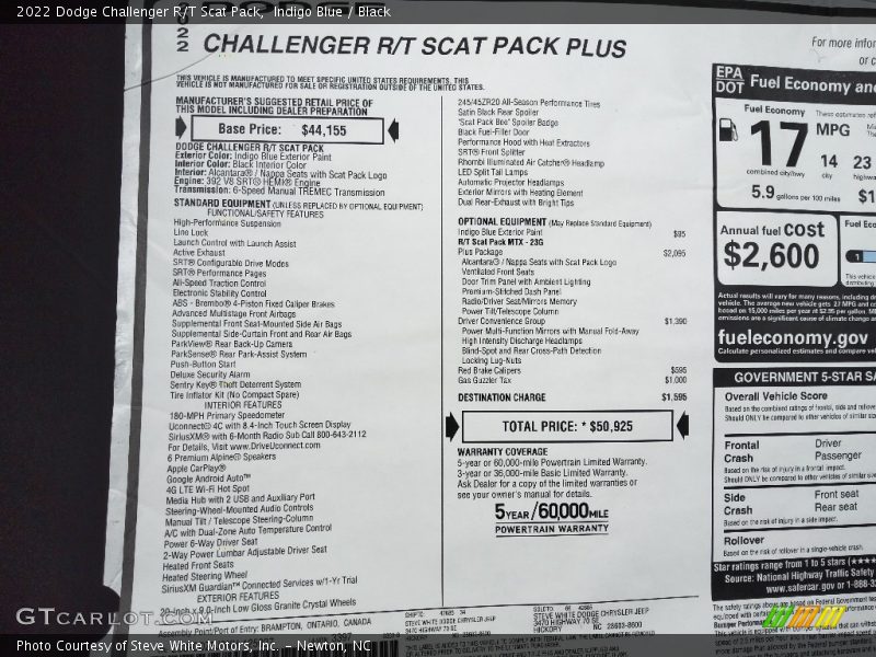  2022 Challenger R/T Scat Pack Window Sticker
