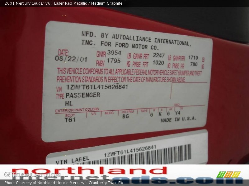 Laser Red Metallic / Medium Graphite 2001 Mercury Cougar V6