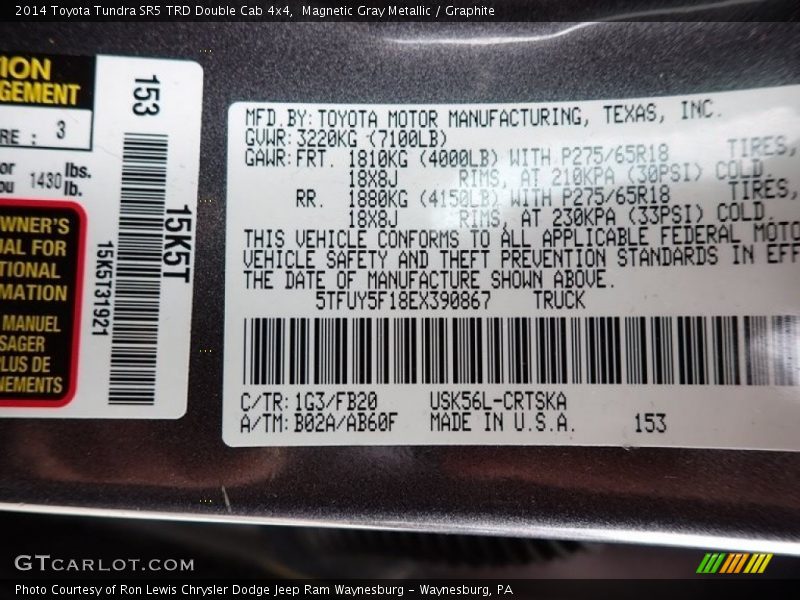 2014 Tundra SR5 TRD Double Cab 4x4 Magnetic Gray Metallic Color Code 1G3