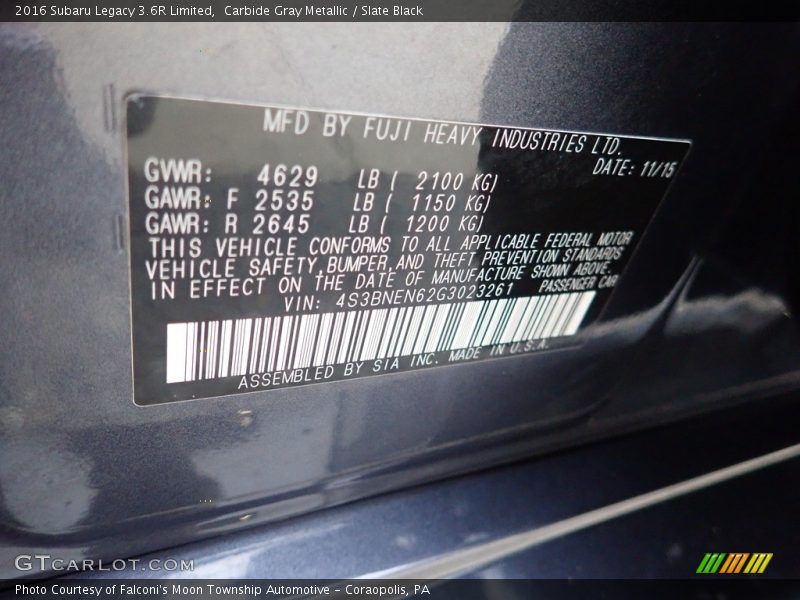 Carbide Gray Metallic / Slate Black 2016 Subaru Legacy 3.6R Limited