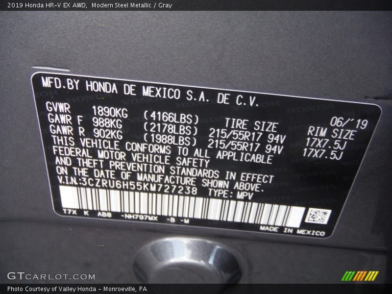 Modern Steel Metallic / Gray 2019 Honda HR-V EX AWD
