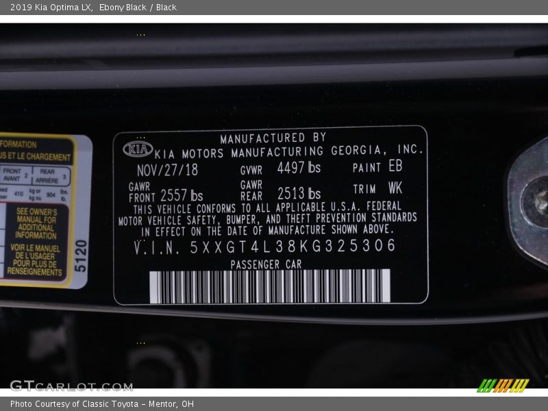 Ebony Black / Black 2019 Kia Optima LX