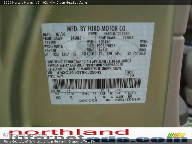 Kiwi Green Metallic / Stone 2009 Mercury Mariner V6 4WD