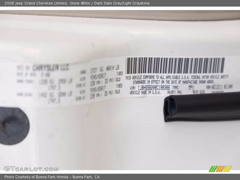 Stone White / Dark Slate Gray/Light Graystone 2008 Jeep Grand Cherokee Limited