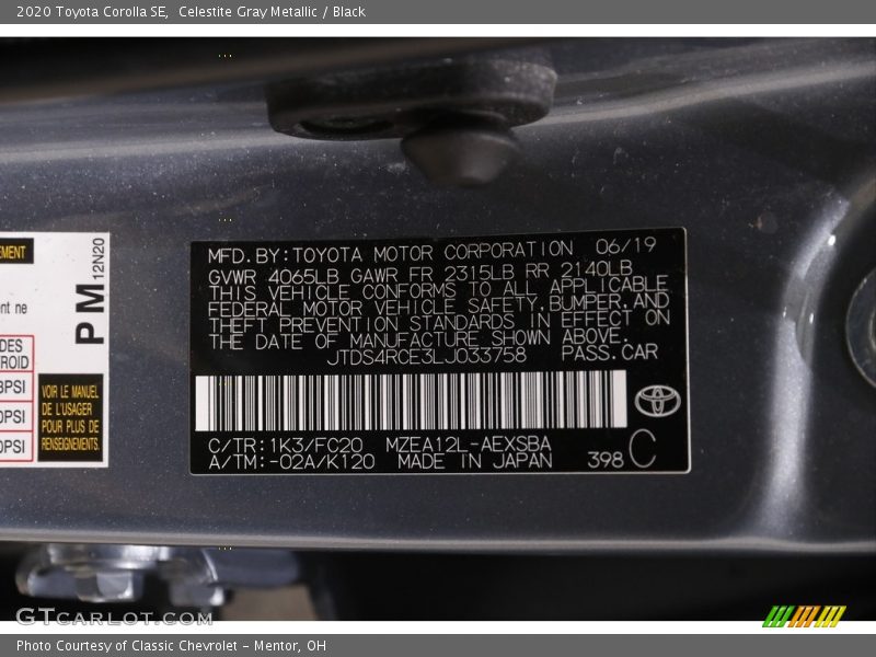 Celestite Gray Metallic / Black 2020 Toyota Corolla SE
