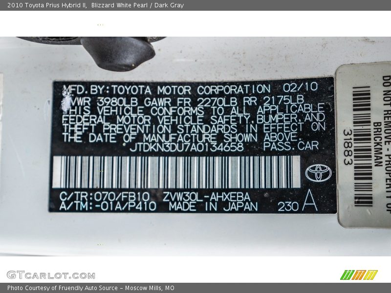 Blizzard White Pearl / Dark Gray 2010 Toyota Prius Hybrid II